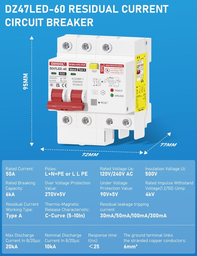 DIHOOL 50 Amp GFCI Breaker for Hot Tub Disconnect, 50A Miniature Circuit Breakers 240V with Panel Surge Protector - Image 2